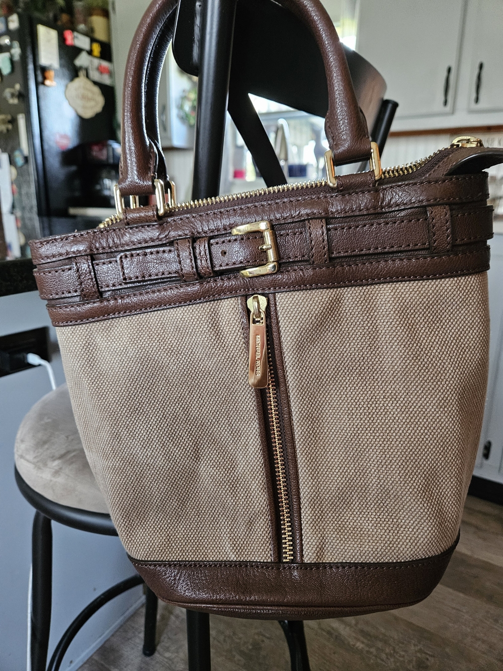 Michael Kors Brown and Beige Canvas Leather Shoulder Bag